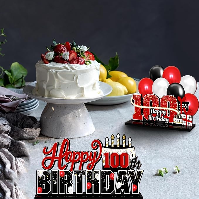 LINGTEER Happy 100th Birthday Red Acrylic Table Topper Centerpieces Set - Cheers to 100 Years Old Birthday 100th Bday Party Gift Decorations.