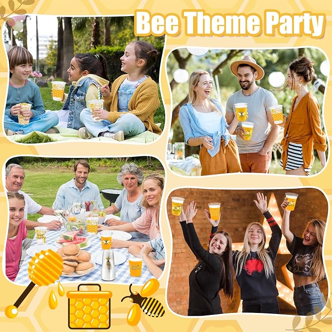50 Pcs Honey Bee Party Decoration Cups, 12 oz Clear Disposable Drinking Honey Cups, First Bee Day Theme Summer Party Decorations Favors for Home, Kitchen, Baby Shower