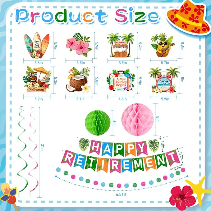 Luau Hawaiian Retirement Party Decorations for Men Women Tropical Happy Retirement Banner Honeycomb Balls Hanging Swirl Circle Dots Garland Beach Summer Retirement Party Supplies