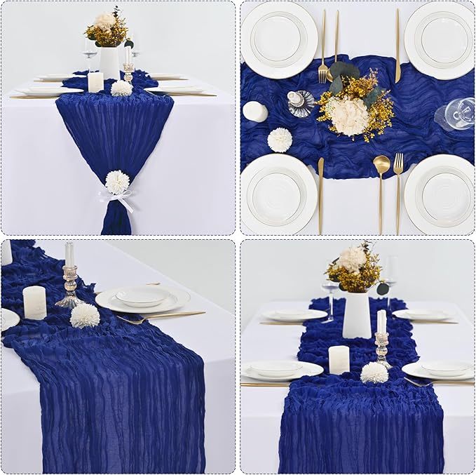 10 Pcs Royal Blue Cheesecloth Table Runner 10FT, Gauze Table Runner for Wedding Reception Sheer Bridal Shower Birthday Party Boho Table Decoration, Rustic Romantic Wedding Runner