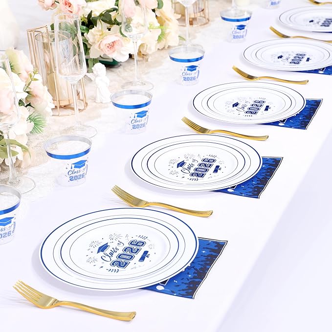150 Pcs 2026 Graduation Plastic Plates with Disposable Silverware Serves 30 Guests, White Blue Graduation Disposable Plates Including 30 Dinner&Dessert Plates, Cups, Napkins, Gold Forks for Party