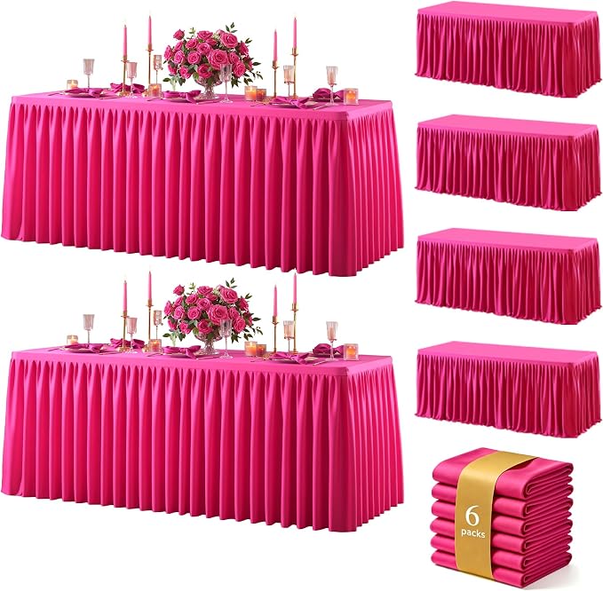 Red Polyester Table Cloths for Rectangle 8 Foot Tables, 6 Pack Wrinkle Free Tablecloths Stretchy Banquet Ruffle Fitted Table Cover Desk Skirt for Parties Wedding Birthday Baby Shower