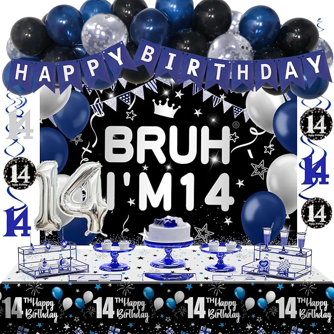 14th Birthday Decorations for Boys Girls, 54 PCS Blue Black Party Decor, 14 Year Old Boy Birthday Party Supplie with Banner Backdrop, Hanging Swirls, Tablecloth, Bruh Its My Birthday Decorations