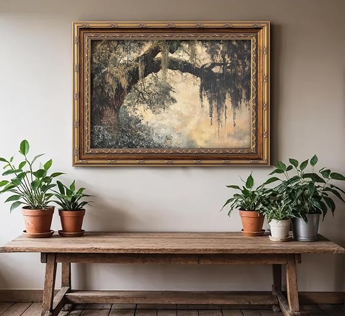 Vintage Gold Framed Vintage Oak Tree Wall Art Retro Landscape Canvas Wall Decor Oak Tree Moss Artwork Picture Retro Rustic Tree Poster Print for Home Living Bedroom Farmhouse Hallway