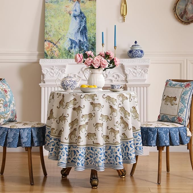 patdrea Vintage Leopard Print Linen Tablecloth,Round,Diameter 67"-from | Fench Elegant Table Cloth for Round Table,Animal Patterned,Dining Room Kitchen Tea Party Decoration,Durable