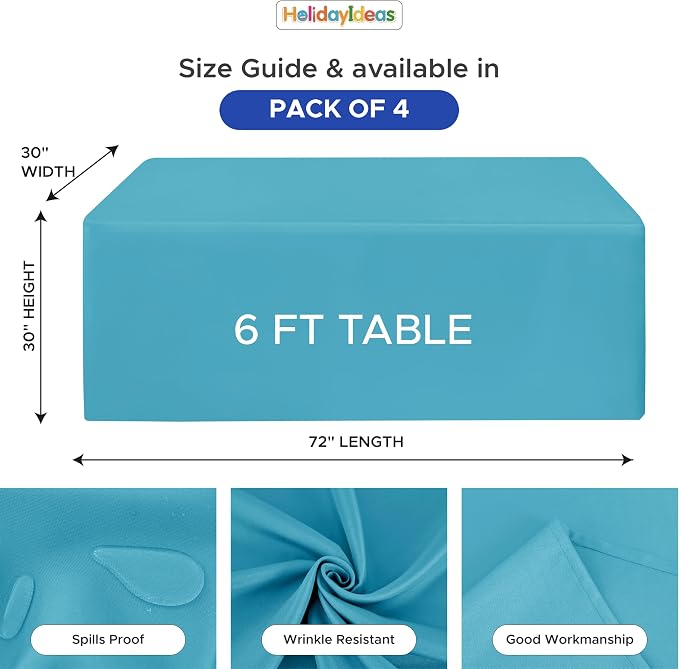 HolidayIdeas 4-Pack 6ft Teal Rectangle Craft Shows Fitted Tablecloth | Wrinkle resistant table covers; bulk quantity pack for professional trade exhibition displays or vendor booths