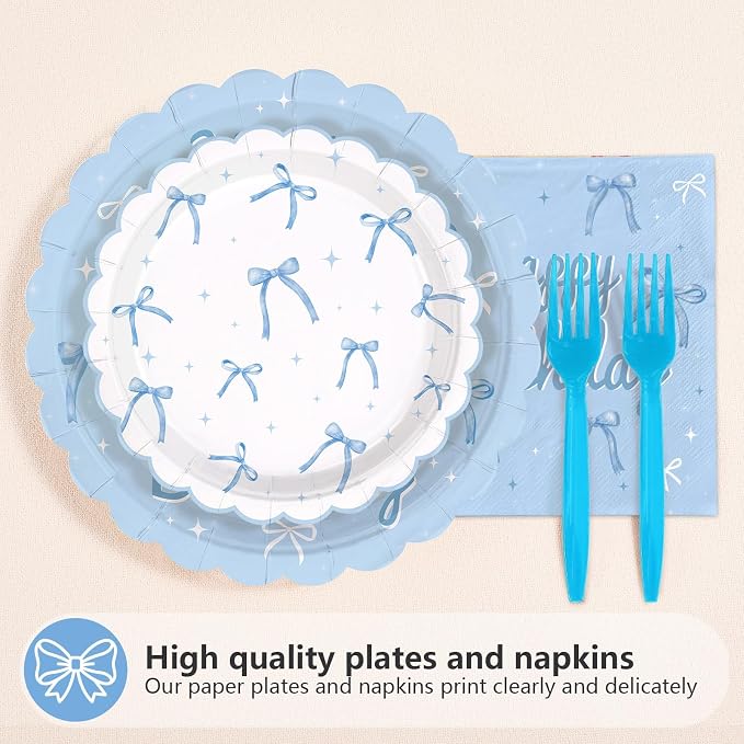 96Pcs Blue Bow 10th Birthday Party Decorations Blue White Happy 10th Birthday Scalloped Plates and Napkins Cute Bow Themed Tableware Set for Girls 10 Years Old Supplies Serves 24
