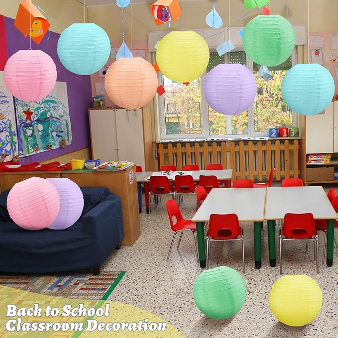 Retisee 12 Pcs 10 Inch Hanging Paper Lanterns Party Decorations Cute Pastel Classroom Decor for Birthday Back to School Party Decoration for Classrooms Wedding Birthday Ceilings