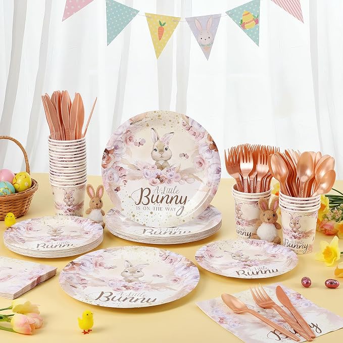 168 Pcs Bunny Baby Shower Decorations A Little Bunny Is on The Way Baby Shower Party Supplies Pink Easter Rabbit Disposable Tableware Set Serve 24