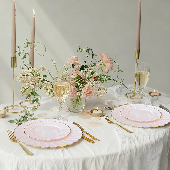 Pink Disposable Plastic Plates 125pcs Scalloped Gold Rim for 25 Guests | Includes 25 Dinner and Dessert Plates 75 Gold Cutlery Elegant Tableware for Wedding Birthday Baby Shower Valentine Parties