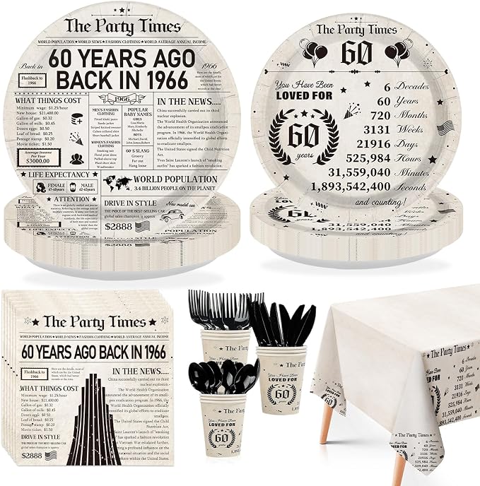 170Pcs 60th Birthday Party Decorations Vintage Back in 1966 Plates Napkins Cups Forks Knives Spoons Tablecloths for Men Woman 60 Years Old Birthday Anniversary Party Supplies Serves 24