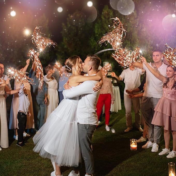 Simgoing 100 Pcs Lighted Wedding Wands LED Tinsel Wands Light up Streamers Sparklers for Wedding Send Off and Exits Birthday Party Props Favors(Rose Gold)