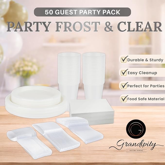 350 Piece Frost & Clear Disposable Dinnerware Set 50 Guests, Plastic Party Plates And Cups And Napkins Sets - 50 Count 9" Dinner Plates, 7" Dessert Plates, 12oz Cups, Paper Napkins,Forks-Knives-Spoons