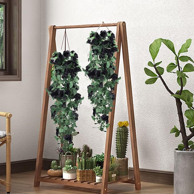 RECUTMS Artificial Black Rose Hanging Flowers Plants, 4 PCS 3.3Ft Fake Floral Halloween Garlands for Home Window Front Porch Garden Wedding Backdrop Wall Hanging Victorian Indoor Outdoor Party