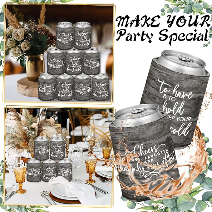 Qinyoung 50 Pieces Wood Grain Wedding Can Cooler Sleeves Bulk Engagement Party Favors for Guests Cheers to Love Laughter and Happily Ever After Rehearsal Dinner Decorations for Wedding Bridal