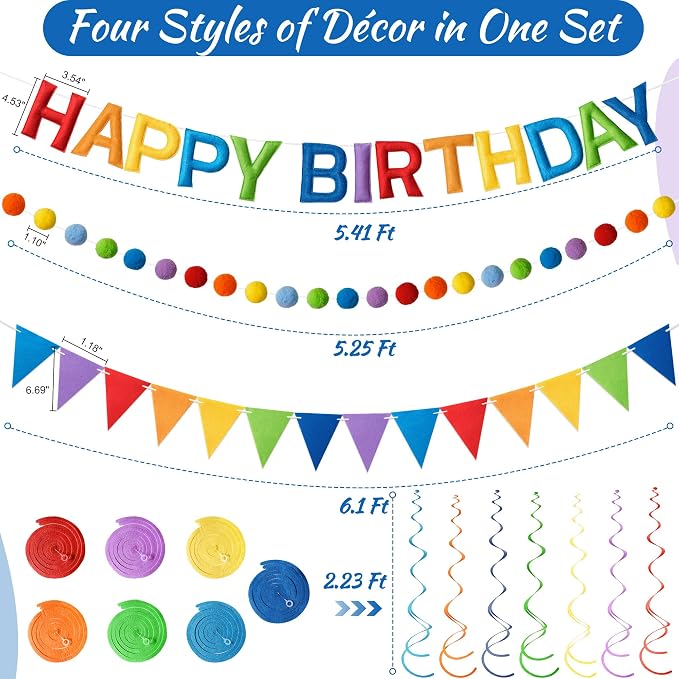 Kriyokiaa Pre-Strung Felt Happy Birthday Banner Colorful Rainbow Happy Birthday Party Decorations with Pom Pom Garland, Flag and Hanging Swrils for Women Men Boys Girls Party Decor