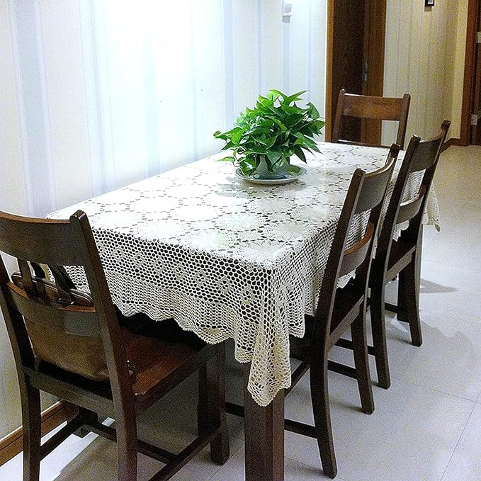 USTIDE Shabby Handmade Crochet Tablecloth Rectangle Romantic Table Cover Beige Lace Design Table Overlays Rectangular 51inchesx70inches