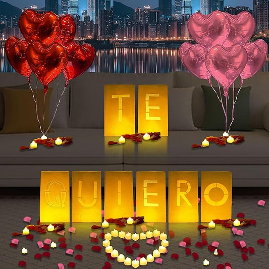 Te Quiero Lighted Letters Sign 17pcs Luminary Paper Bags 2200pcs Red Pink Artificial Rose Petals 48pcs Flameless LED Candle Tealight 15pcs Heart Balloons Romantic Night Valentine's Day