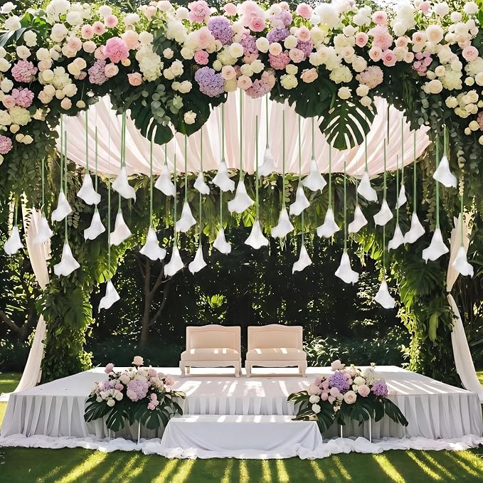 Lyrow 120 Pack Classic White Calla Lily Artificial Flower, Faux Calla Lily Hanging Flower, Ceiling Floating Garland Fake Floral Ornament for Wedding Arch Table Decor DIY Bouquet Bride Shower Tall Vase