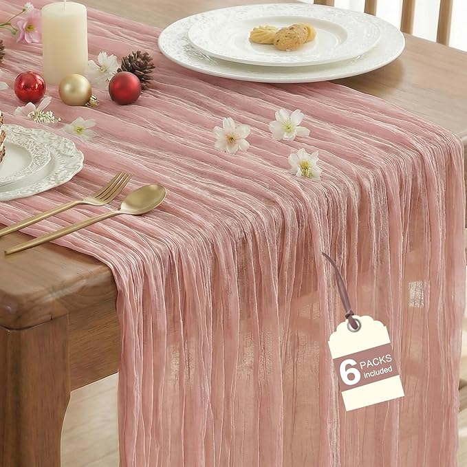 IVAPUPU 6 Pcs Cheesecloth Table Runner - 10ft Dusty Pink Spring Boho Gauze Cheese Cloth Table Runners for Baby Shower Decorations Wedding Party Summer Garden Farmhouse Decor