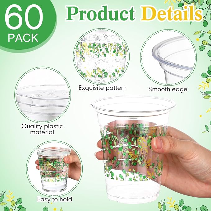 Funnymoom 60 Pack Eucalyptus Baby Shower Cup 12 oz Sage Green Disposable Clear Plastic Cups for Greenery Baby Shower Wedding Birthday Gender Reveal Party Decoration Supplies