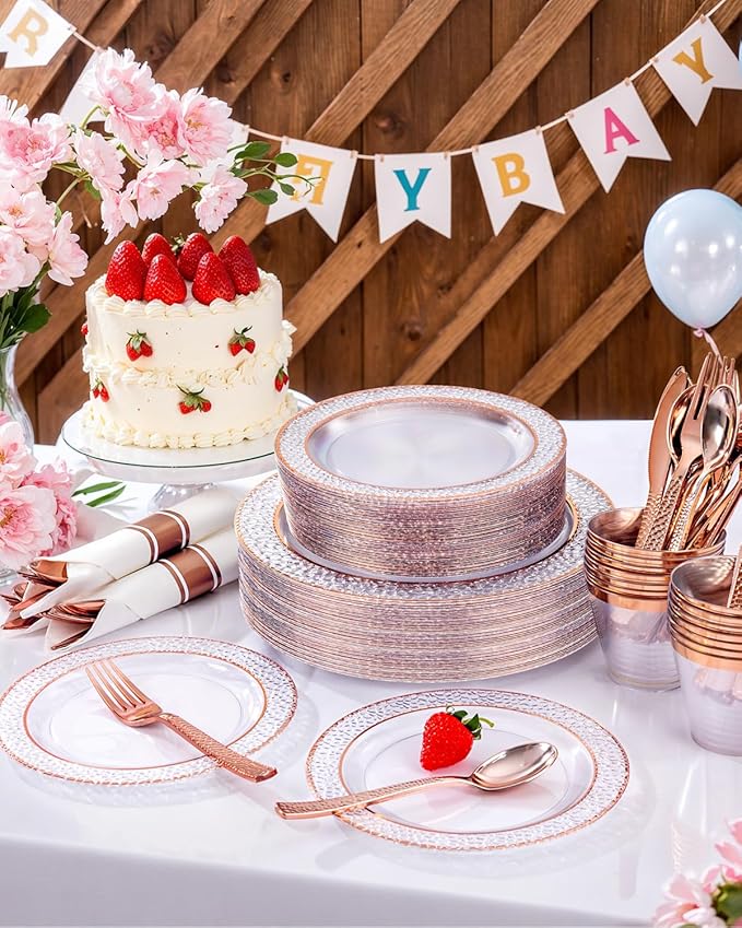 Ciaell 350PCS Rose Gold Plastic Plates - Clear Rose Gold Disposable Plates with Plastic Silverware include 100Plates, 150Silverware, 50Cups, 50Napkins for Wedding & Party & Mother's Day