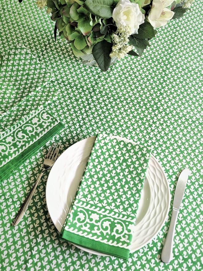 ATOSII Queen Green 100% Cotton Rectangle Tablecloth, Handblock Print Floral Table Cloth for Kitchen Dining Linen I Weddings Outdoors Picnics Spring Summer I 72 X 140 Inches I 12 Seater