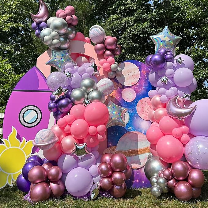 Outer Space Balloon Arch Garland Kit, 152Pcs Pink Purple Metallic Balloons with Astronaut Star Foil Balloons for Galaxy Birthday Astronaut Theme Baby Shower Party Decorations