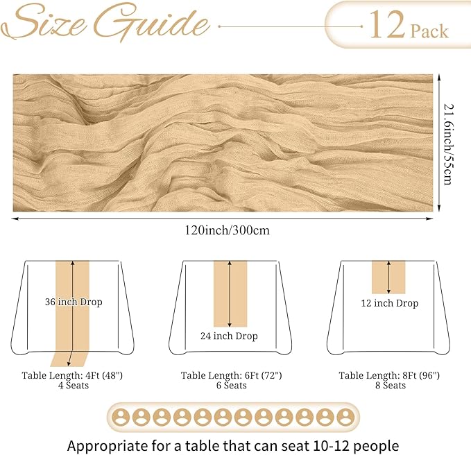 12 Pack Beige Cheesecloth Table Runner 10FT Boho Gauze Cheese Cloth Table Runner Rustic Sheer Fabric Table Runners for Wedding Bridal Shower Baby Shower Party(21.5×120 Inch)