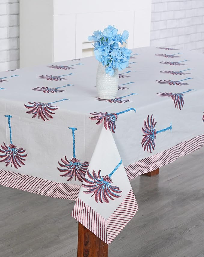 Ridhi Red Palm Hand Block Print Cotton Rectangle Tablecloth 120" x 80" inches Reusable Table Cover Decorative Everyday Use for Dining Room, Farmhouse, Home Gift for Spring, Mother's Day
