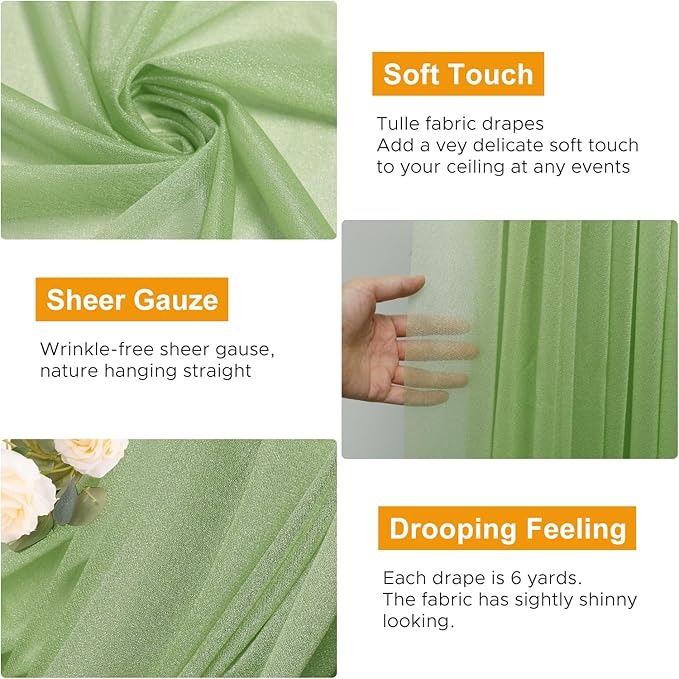 Wedding Arch Draping Fabric 2 Panels 28.7" x 20FT Sage Green Sheer Chiffon Backdrop Drapes for Wedding Ceremony Birthday Party Bridal Shower Outdoor Decoration