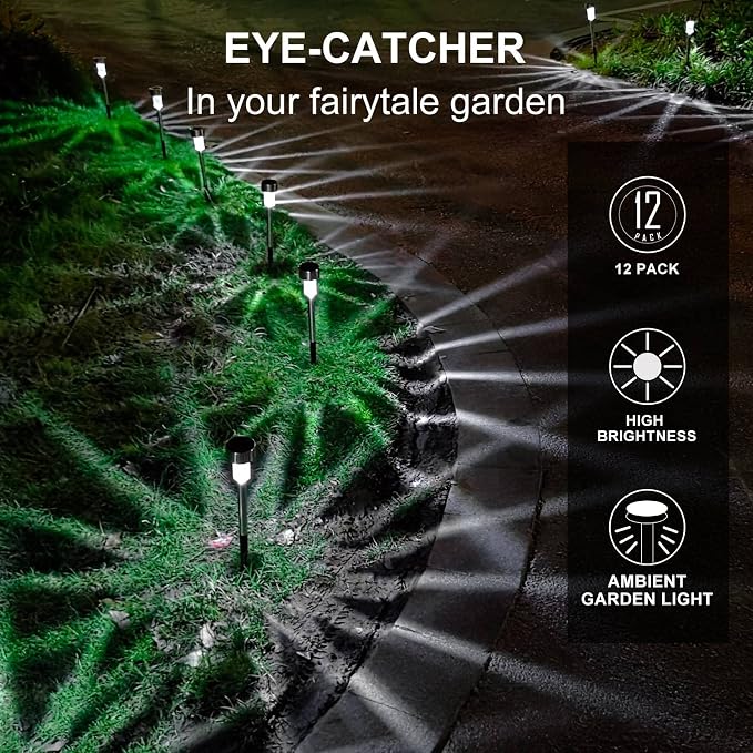 Dream Master Solar Lights Outdoor Waterproof, Stainless Steel LED Landscape Lighting, Solar Garden Lights, Outdoor Decorations for Yard, Pathway, Walkway, Patio, Lawn - 16 Pack (Cold White)