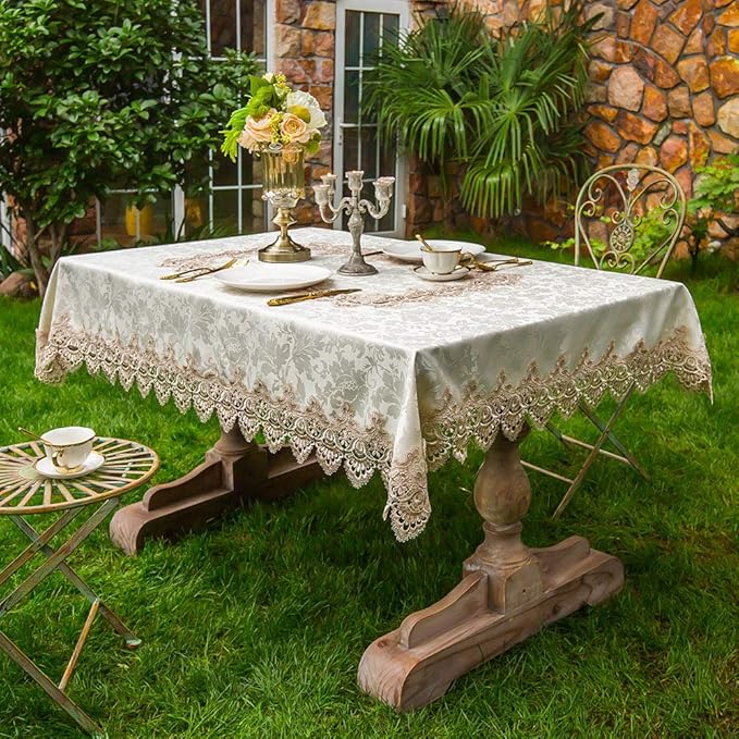 ARTABLE Lace Table Cloth Rectangle Spring Antique Flower Decor Macrame Tablecloth for Outdoor Farmhouse Rustic Kitchen Party Birthday Picnic (Light Brown, 60 x 104 Inch)