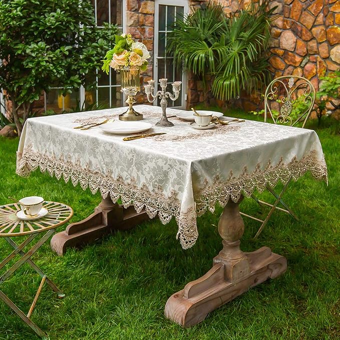 ARTABLE Lace Table Cloth Rectangle Modern Decor Macrame Tablecloth Contemporary Damask Table Linen for Outdoor Farmhouse Rustic Kitchen Party Birthday Picnic (Light Brown, 60 x 140 Inch)