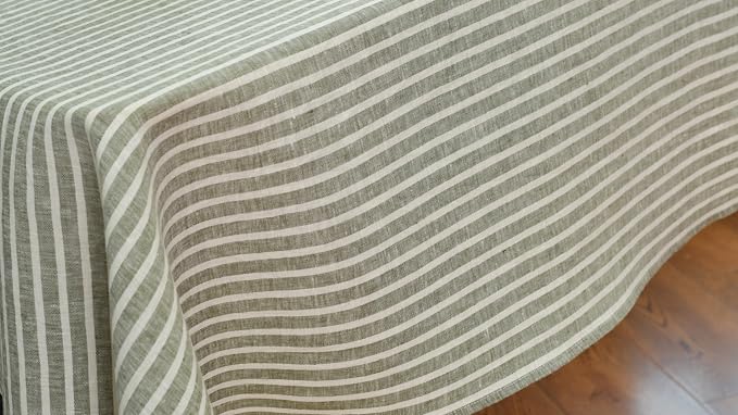 Linen Tablecloth- 60x108 Inch Stripe Pure Linen Green and White Table Cloth for Rectangle Tables, for Winter, Fall, Thanksgiving, Christmas, Easter, Machine Washable