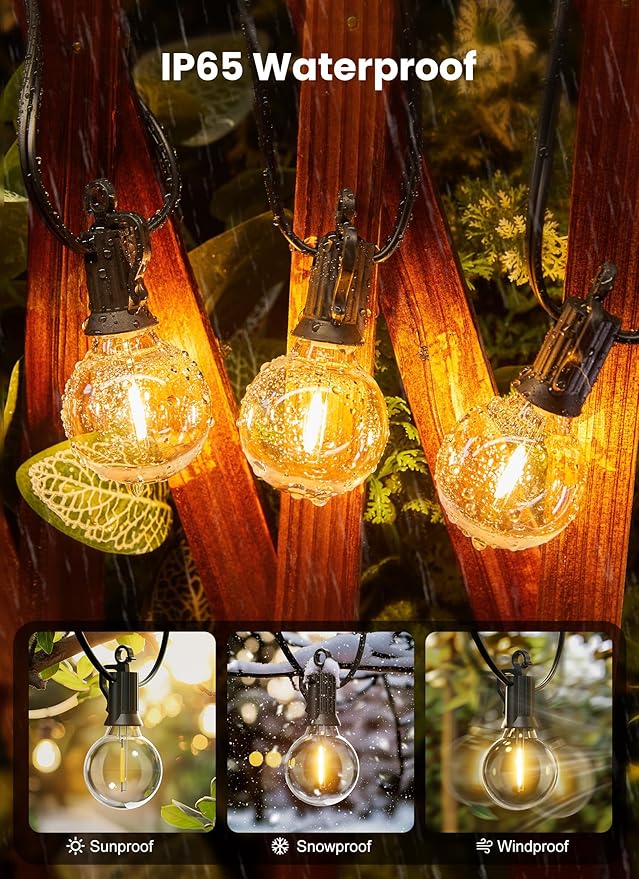 Brightown Outdoor String Lights, 50+5FT 25 G40 Bulbs Shatterproof Patio Lights, IP65 Waterproof Dimmable Hanging Connectable Globe LED Outdoor Lights for Christmas, Backyard, Bistro, Porch