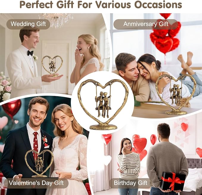 50th/Golden Anniversary Wedding Gifts for Wife/Her/Him,Valentine's Day/Birthday/Wedding Gifts for Couples,Heart Sculpture/Figurine,Handcrafted Antique Golden Metal Couple Statue Decor
