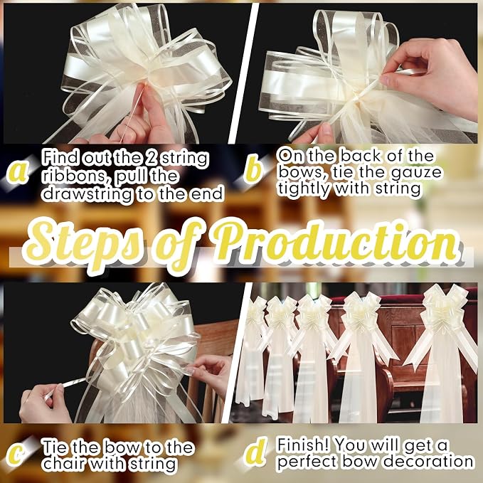 12 Set Large Wedding Pew Bows with Long Tulle Tails Church Chair Aisle Decorations Wedding Car Decoration Big Bows for Bridal Shower Reception Birthday Anniversary (Champagne)