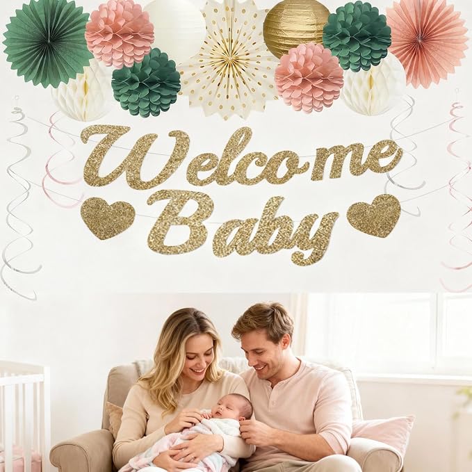 Pink Sage Green Baby Shower Decorations, Welcome Baby Banner with Honeycomb Balls, Paper Flowers, Lanterns, Fans, Circle Garland for Nursery, Gender Reveal Party Decor 19pcs