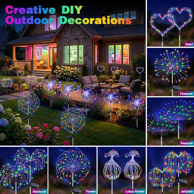 btfarm 8 Pack Solar Garden Lights Outdoor 8 Modes, 120 LED Firework Lights Solar Powered, Waterproof Twinkle Fairy Light Outside for Yard Pathway Lawn Pool Patio Christmas Decorative, Multicolor
