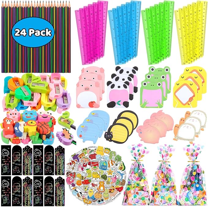 Mepmela Goodie Bags for Birthday Party, 24 Pack Stationery Party Favors with Pencils Rulers Erasers Perfect Classroom Rewards Student Gifts School Class Goody Bag Return Gifts