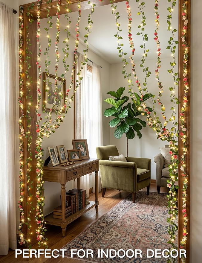 suddus 300 LED Artificial Flower Garland Pothos Vines Curtain Lights, Rose Vines Fairy Lights for Bedroom, Hanging String Lights for Wall, Room, Dorm, Wedding, Party, Indoor Decor 6.8ft x 6.5ft
