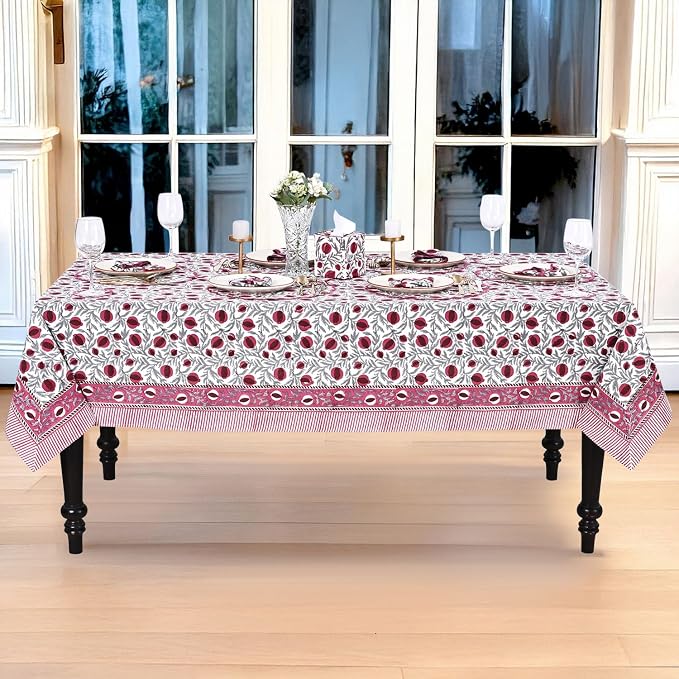 Ridhi Sangria Red Hand Block Print Cotton Rectangle Tablecloth 108" x 70" inches Reusable Table Cover Decorative Everyday Use for Dining Room, Farmhouse, Home Gift for Spring, Mother's Day