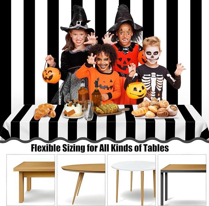 Kochorie 100 Ft x 54 Inch Black & White Striped Tablecloth Roll with Cutter Box Disposable Halloween Plastic Tablecloth Cut to Size Table Cover Backdrop for Halloween Backdrop Stage Party Supplies
