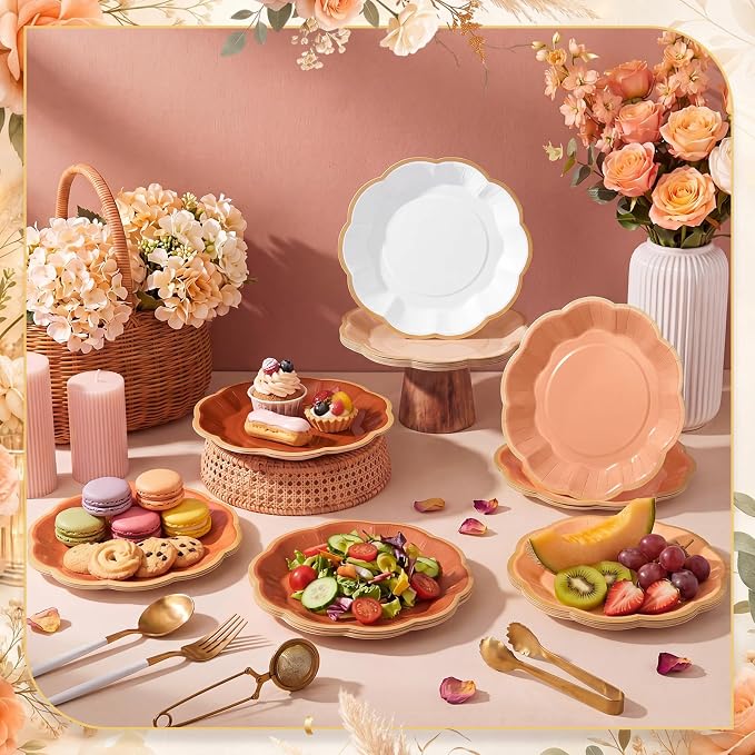 72 Pcs Beige-orange Peach Paper Plates 9 Inch Orange Gradient Scalloped Paper Disposable Dinner Dessert Plates for Birthday Wedding Bridal Baby Shower Party Supplies, 6 Colors