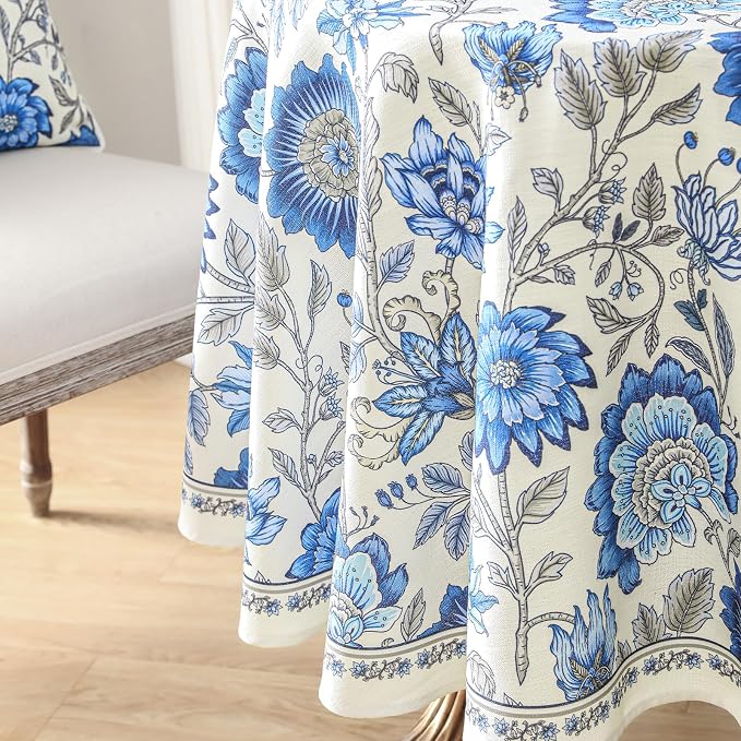 ISAENNE Designer French Linen Round Tablecloth,Diameter 55"-Blanch | Chinoiserie Vintage Elegant Table Cloth,Blue Floral Pattern,Beautiful,Dining Room,Kitchen,Tea Party,Thanksgiving,Decor
