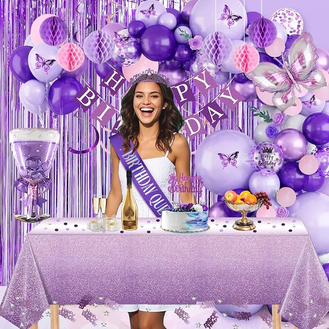 Purple Birthday Decorations, Purple Pink Party Decorations with Happy Birthday Banner, Balloons, Bday Sash, Crown, Butterfly, Tablecloth, Fringe Curtain, Honeycomb Ball for Women Girls Party Supplies