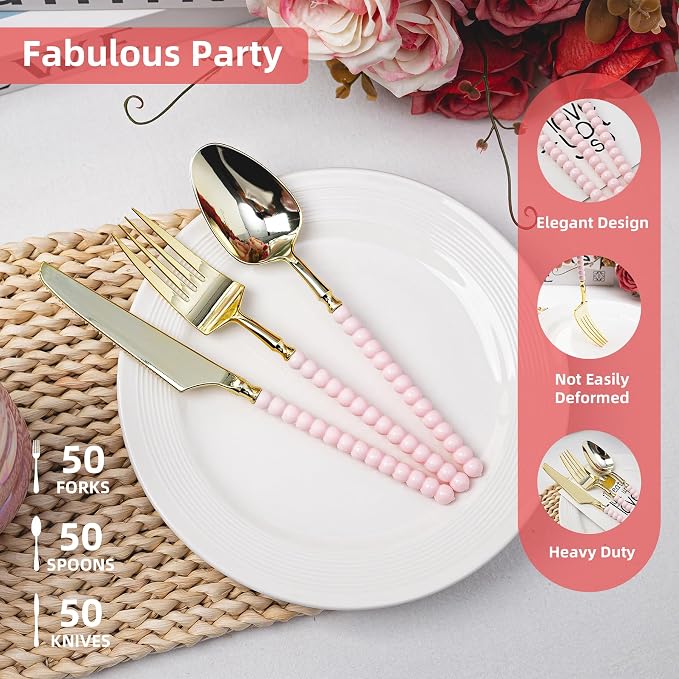 150 Pcs Gold Plastic Silverware,Gold Plastic Utensils with Pink Beads Handle,Fancy Disposable Cutlery Set Include 50 Forks 50 Knives 50 Spoons for Party & Wedding