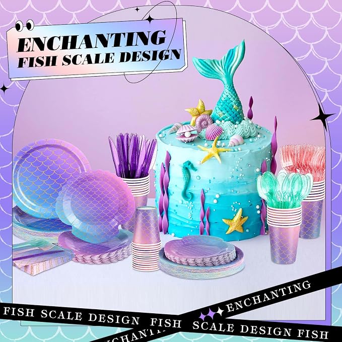 Blushtier 350 Pcs Mermaid Party Supplies Mermaids Themed Decorations Under the Sea Disposable Dinnerware Set Includes Plates Napkins Cups Spoons Fork Knives for Birthday Party (Multicolor)