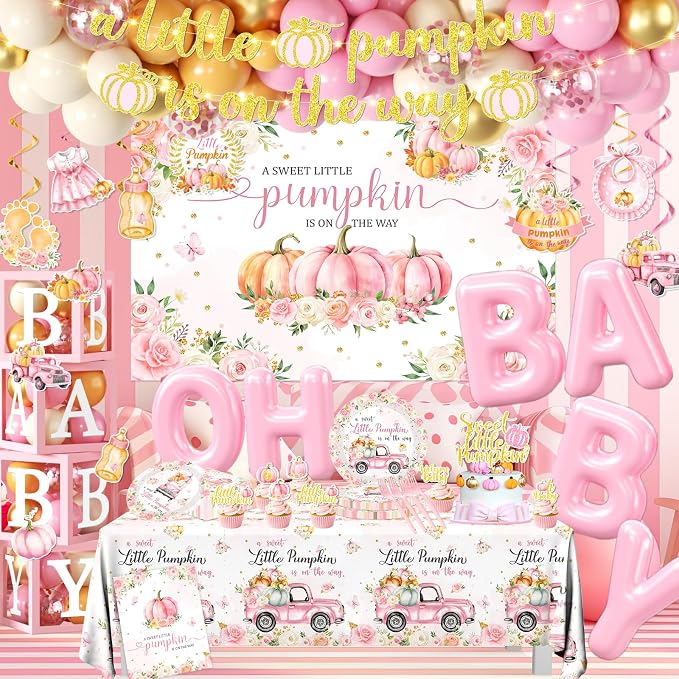 249pcs Little Pumpkin Baby Shower Decorations for Girl,A Sweet Little Pumpkin is On the Way Baby Shower,Pink Pumpkin Floral Balloons Plates Boxes Tablecloth for Fall Thanksgiving Autumn Party Decor